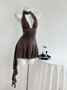 Elamini 性感复古极简V领荷叶边下摆收腰连衣裙