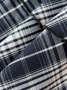 Elamini Women's Plaid Square Collar Lantern Sleeve Button Design Casual Dress - Navy Blue - View 6