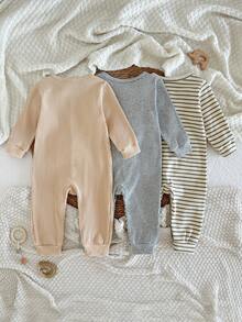 3pcs/Set Infant Boys' Ribbed Textured Ribbed Casual Cartoon Pattern Romper Outfit - Multicolor - View 2