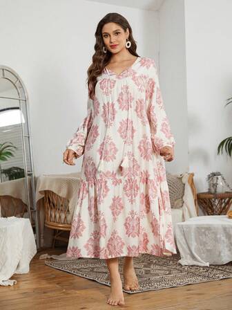 Serenescape Plus Size Women's Pink Geometric Print Lantern Sleeve Ruffle V-Neck Tassel Drawstring Bamboo Knit Maxi Sleep Dress, Bohemian Resort Style Loose & Comfortable Nightgown, Fall & Winter, Moo Moo Night Dress