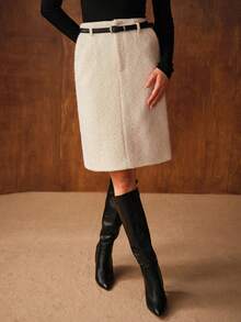 MOTF PREMIUM WOMEN'S AUTUMN/WINTER WOOL BLEND SIMPLE STRUCTURED DESIGN THICK TWEED SKIRT - Beige - View 3