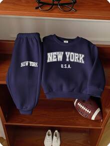 SHEIN 2pcs Baby Boy/Girl Casual Sports Grey Letter Print Long Sleeve Hoodie And Pants Tracksuit Set, Autumn/Winter Baby Boy Track Suit Baby Sweat Outfits Baby Casual Sets Fall - Navy Blue - View 9