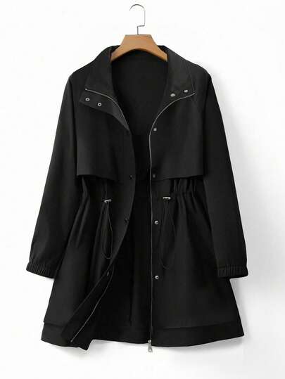 EMERY ROSE 大码女式畅销抽绳腰带帽长袖实用基本款拉链弹力抽绳腰部修身休闲纯色风衣夹克适合徒步旅行、登山、露营