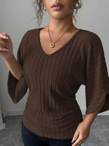 Selianne Women's Comfortable Casual V-Neck Ruffle Batwing Sleeve Solid Color Brushed Rib T-Shirt - Brown - View 5