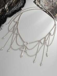 ROMWE 1pc Women's Punk Gothic Style Multi-Layer Chain Tassel Cross Waist Chain