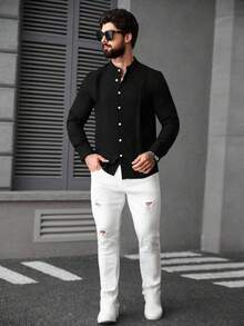 Manfinity CasualCool 男士黑色純色長袖百褶襯衫，休閒時尚奢華修身正裝襯衫，適合夏季夜晚，老錢風派對婚禮禮物，正式款 - 黑色 - 查看 4