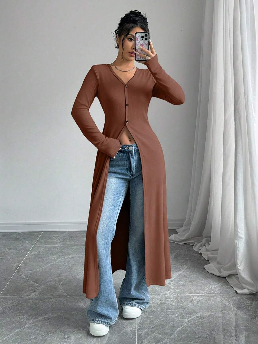 Rafferiza 女士休闲修身长袖单排扣纯色衬衫 - 棕色 - 查看 1
