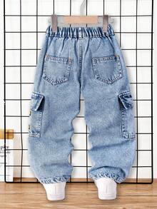 SHEIN 男童休闲宽松直筒撞色缝线工装牛仔裤 - 中等水洗藍 - 查看 2