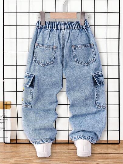SHEIN Genkimix Kids Young BoyCasual Loose Fit Straight Leg Contrast Stitching Cargo Jeans Boys Graffiti Street Jeans Kids Cargo Jeans Kids Jeans Boys Denim Pants