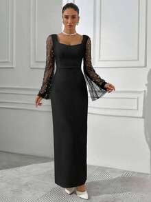 Rafferiza 女士仿珍珠喇叭袖修身优雅连衣裙，性感狂野派对礼服，欢迎秋季女士服装，秋季女装，秋季穿搭，秋季女装，秋季女士外出装，派对女士时尚连衣裙，奢华女士长袖婚礼宾客礼服 - 黑色 - 查看 5