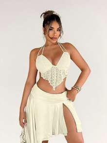 Zolique Beach Vacation Woman Sexy Drawstring Halter Simple Fashion Daily Casual - Apricot - View 5