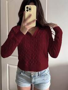 SHEIN Unity Suéter de punto casual con cordón y manga larga para mujer, color amarillo claro, otoño/invierno - Rojo - Ver 4