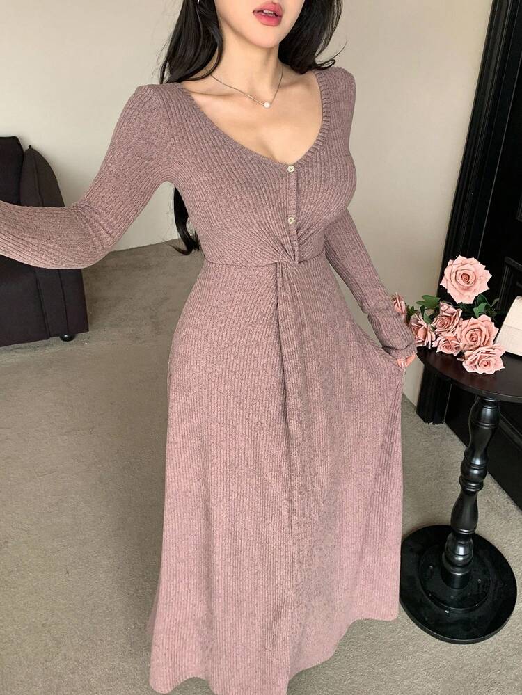 Women's Elegant Solid Color V-Neck Twist Midi Dress, Autumn