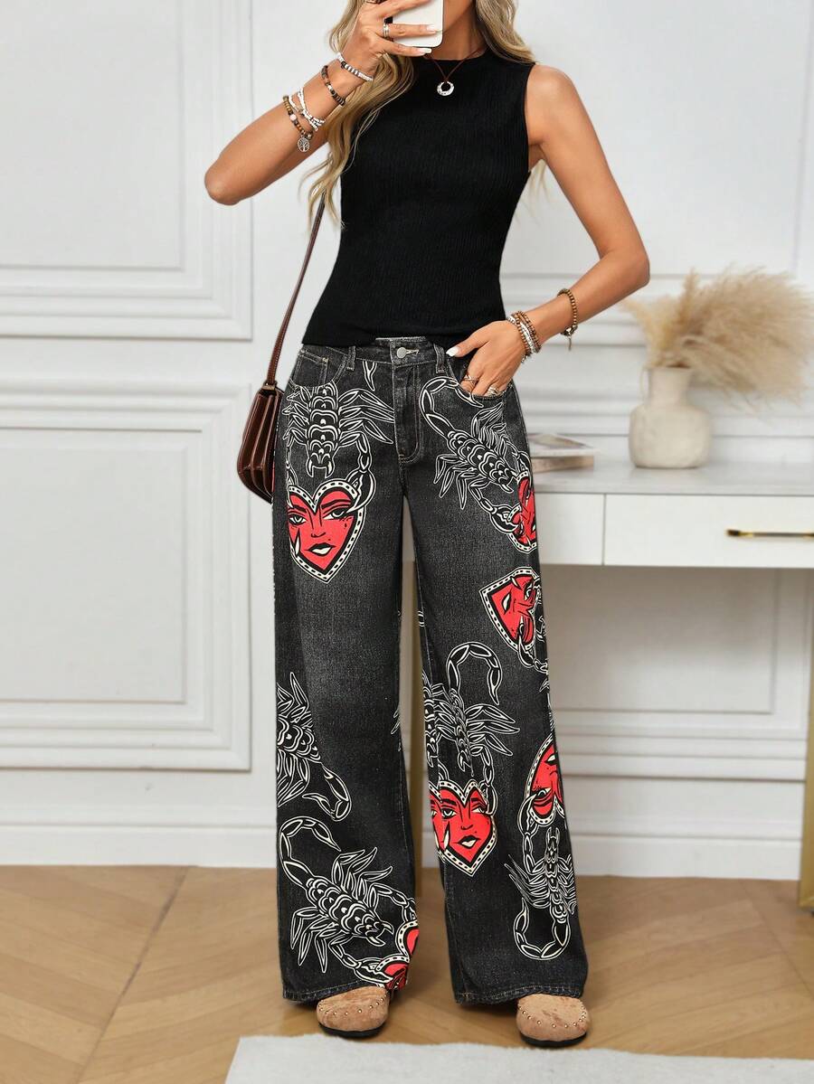 SHEIN LUNE Women's Scorpion Print Pocket Wide Leg Loose Casual Jeans Pattern Pants Women Wide Leg Pants Palazzo Pants Women Bohemian Pants - Black - View 1