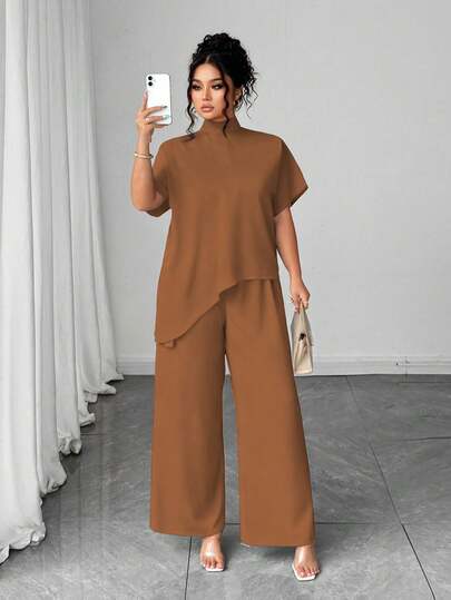 Elenzga 女士大码休闲时尚高领短袖不对称下摆上衣 + 纯色阔腿裤两件套