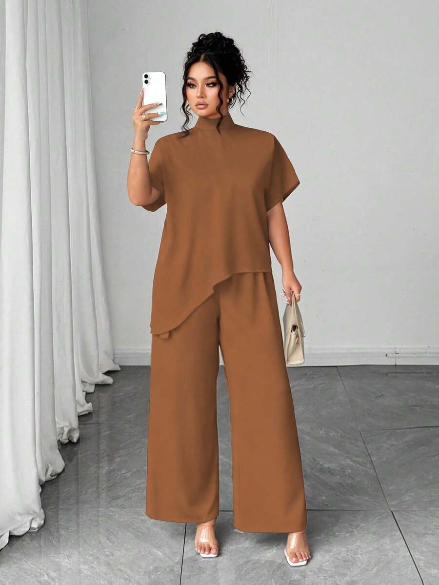 Elenzga Bộ 2 món áo cổ lọ tay ngắn viền bất đối xứng thời trang thường ngày cỡ lớn cho nữ + quần ống rộng trơn - Màu nâu Mocha - Xem 1