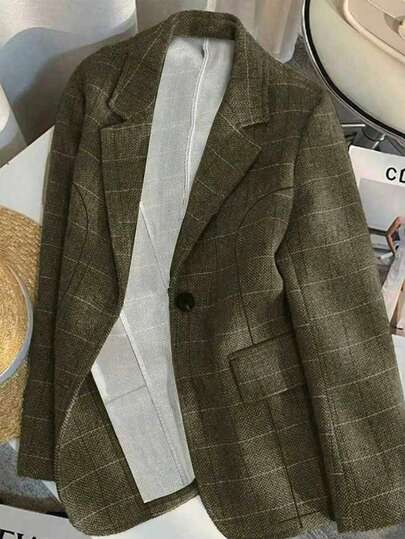 Flirla 大码女式宽松休闲格子办公夹克，带口袋，长袖