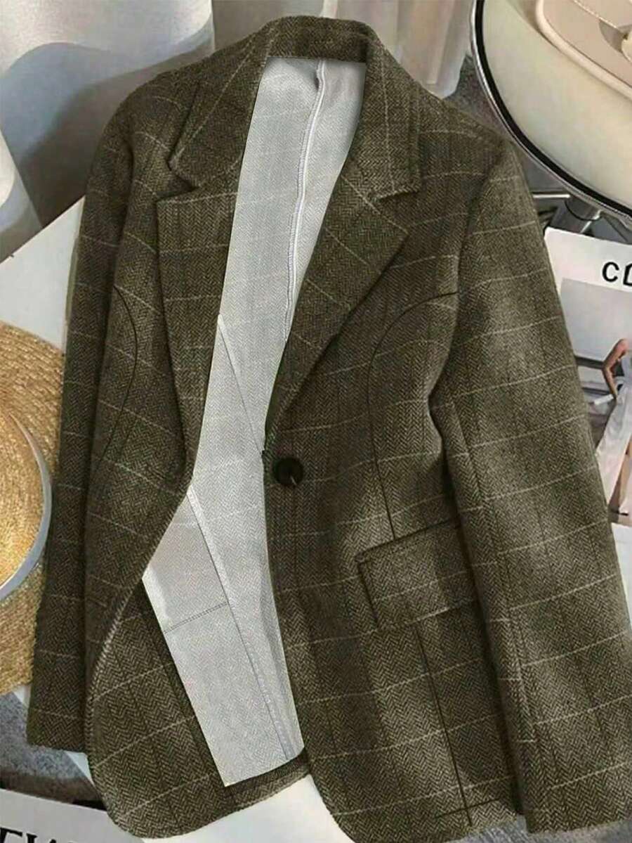 Flirla 大码女式宽松休闲格子办公夹克，带口袋，长袖 - 彩色 - 查看 1