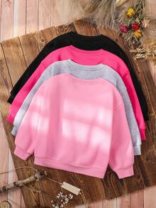 SHEIN Emery Rose Kids 4件套女童纯色保暖长袖卫衣，秋冬季百搭姐妹装卫衣套装，少女纯色卫衣，青少年可爱纯色卫衣 - 玫紅色 - 查看 2
