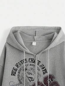 ROMWE Street Life Plus Size Y2K Millennium Vintage Patchwork Print Casual Sporty Loose Fit Sweatshirt - Light Grey - View 3