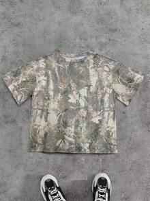 SHEIN Fashionable Leaf Print Loose Fit Round Neck Short Sleeve T-Shirt - Multicolor - View 6