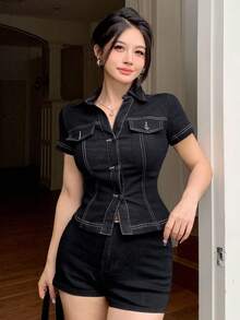 DAZY 女士夏季翻领修身短款休闲牛仔短袖衬衫 - 深色水洗藍 - 查看 3