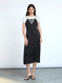 Maija 2025 Autumn/Winter New Sexy Lace Trim Adjustable Spaghetti Strap Bodycon Dress With Solid White T-Shirt 2 Piece Set, Elegant Urban Commuter Casual Romantic Versatile - Black - View 1