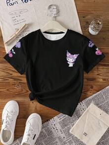 HELLO KITTY AND FRIENDS | SHEIN 少女休闲日常通勤时尚可爱卡通字母图案短袖黑色T恤，夏季 - 白色 - 查看 2