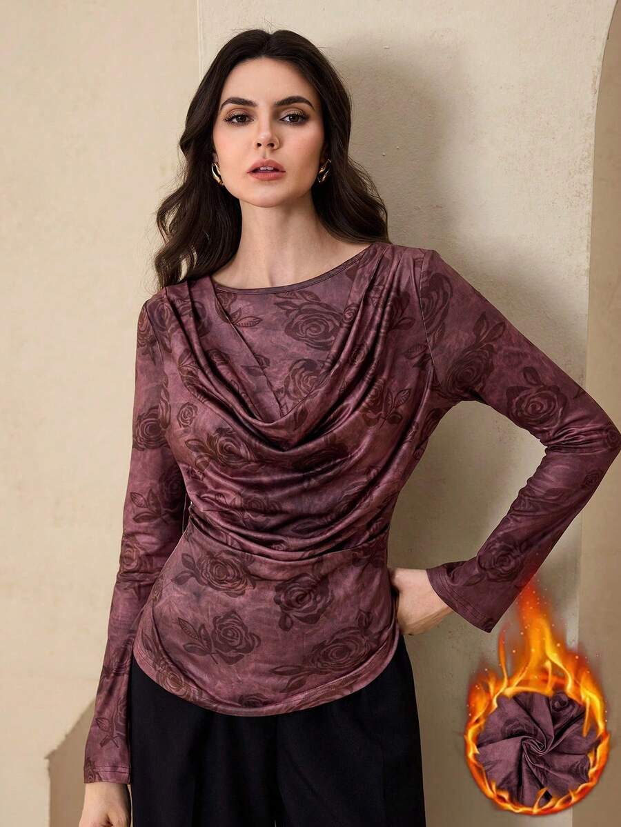 Graceveil Chemise élégante à manches longues pour femmes, col à volants, taille froncée, imprimé rose bordeaux, pour sorties et rendez-vous, automne/hiver - Rouge foncé - Voir 1