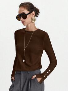 Lumivelle All-Match Round Neck Casual Versatile Long Sleeve Knit Undershirt Brown Long Sleeve Top Dark Brown Top Chocolate Brown Top Coffee Brown Top Brown Top Women - Coffee Brown - View 5