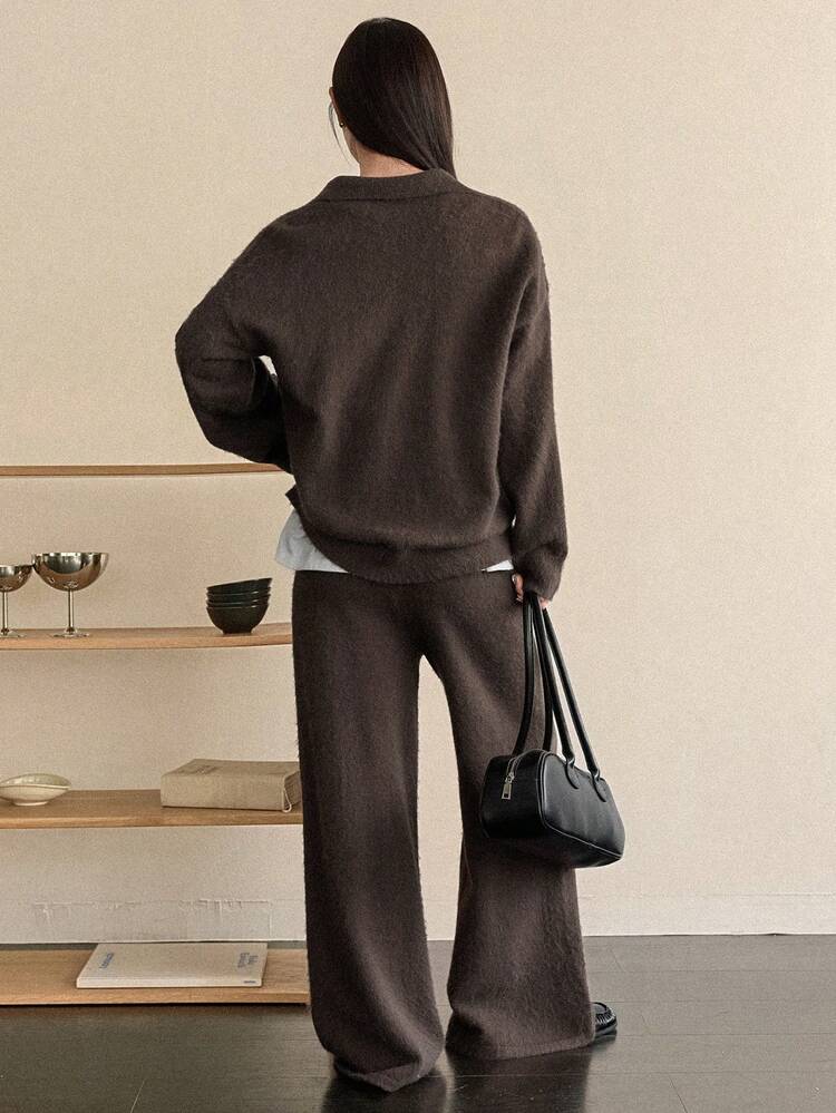 Women's Solid Color Drop Shoulder Long Sleeve Sweater And Knit Pants Casual 2-Piece Set, Autumn/Winter Business Casual Woman