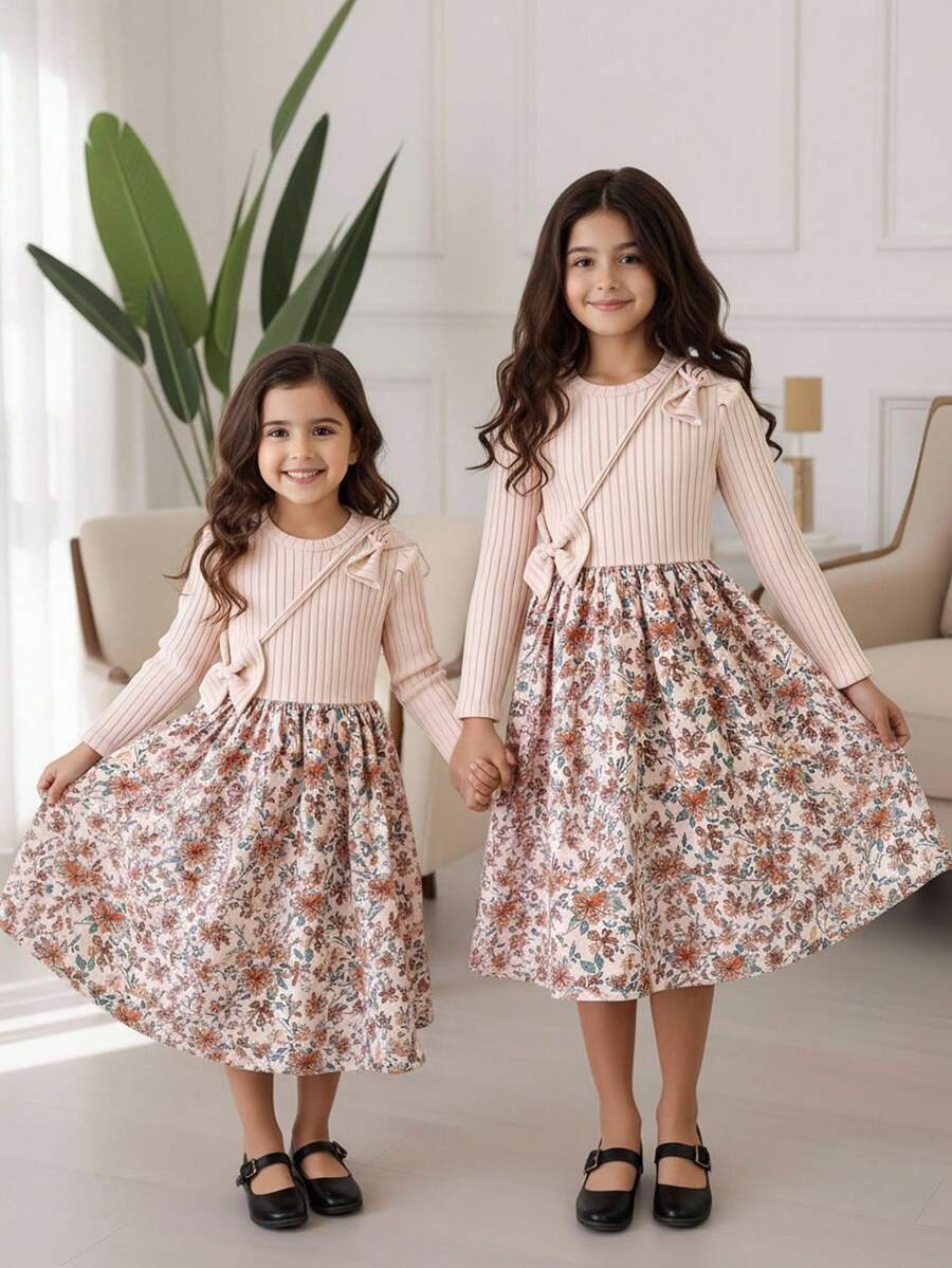 Tween Girls' Floral Print Patchwork Dress With Bow Decor, Autumn - Apricot - View 1