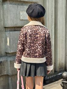 少女休闲时尚街头豹纹翻领拉链抓绒外套，秋冬款 - 彩色 - 查看 2