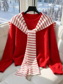 Franclia Striped Scarf Collar Design 2 In 1 Sweater - Red - View 1