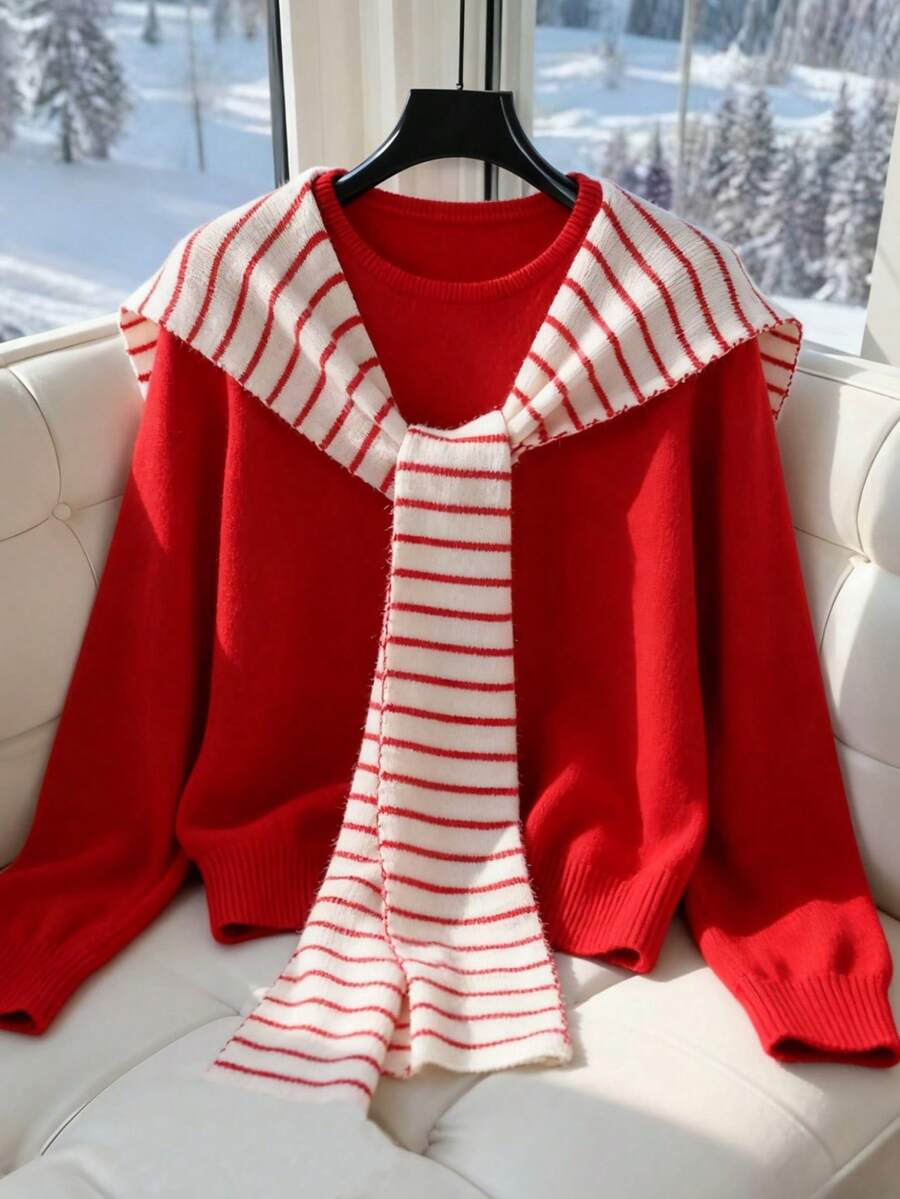 Franclia Striped Scarf Collar Design 2 In 1 Sweater - Red - View 1