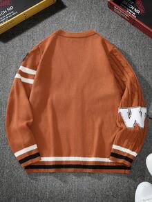 Manfinity Campus Court Cárdigan de punto casual de una hilera con bordado de letras de manga larga para hombre, otoño/invierno - Marrón - Ver 2