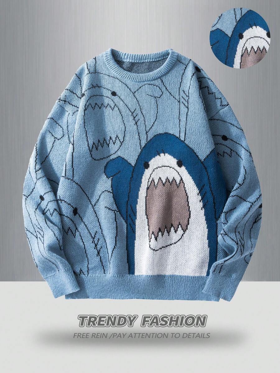 Manfinity Hypemode Men's Cartoon Shark Pattern Crew Neck Long Sleeve Casual Sweater, Autumn/Winter Shark Clothes Men Long Sleeve Knit - Blue - View 1