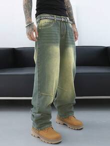 Manfinity EMRG 男士時尚寬鬆直筒牛仔褲，夏季老舊破洞設計，帶口袋長褲，純藍色款式，適用於派對和說唱