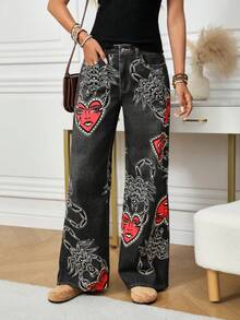 SHEIN LUNE Women's Scorpion Print Pocket Wide Leg Loose Casual Jeans Pattern Pants Women Wide Leg Pants Palazzo Pants Women Bohemian Pants - Black - View 7