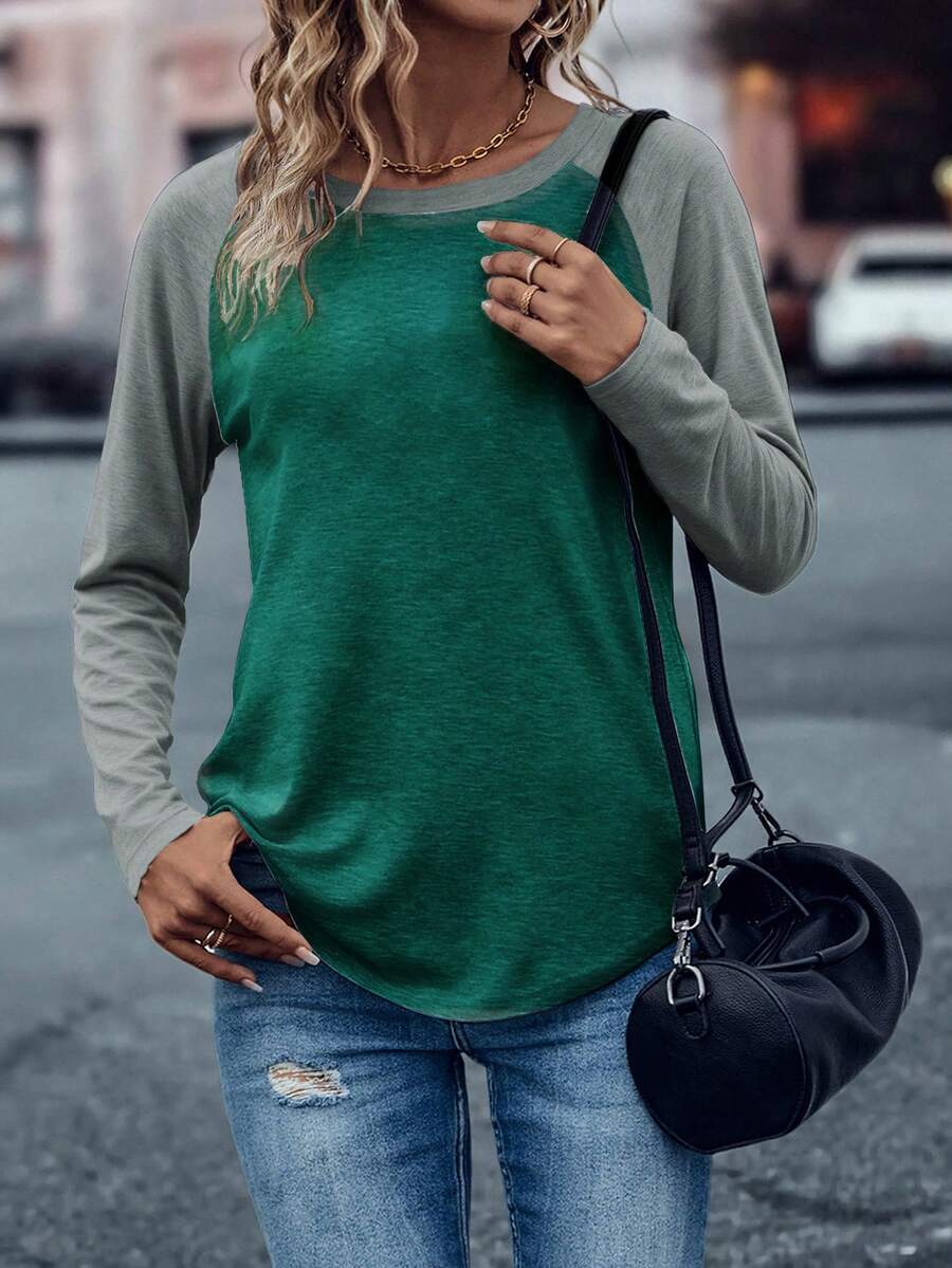 SHEIN LUNE Áo thun tay lỡ phối màu Raglan họa tiết dành cho nữ - màu xanh lá - Xem 1