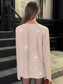 Elyressa Metallic Foil Textured Round Neck Flare Sleeve French Party Style Women T-Shirt - Dusty Pink - View 2