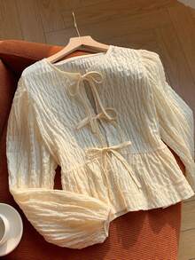 Comfortcana Áo sơ mi nữ đơn sắc, tối giản, buộc dây phía trước - Màu be - Xem 4