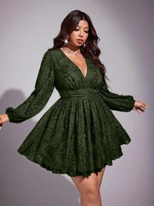 Viva Relle 大码女式纯色重叠V领灯笼袖荷叶边下摆时尚性感连衣裙 - 軍綠色 - 查看 6