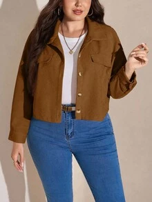 SHEIN LUNE 大码秋季女装纯色简约休闲长袖外套 秋季外套&秋季女装 冬季服装 - 咖啡棕 - 查看 4