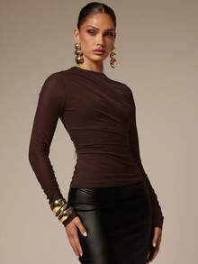 Silquee Women's Solid Color Round Neck Long Sleeve Ruched Fitted Fashion T-Shirt,Fall,Fall Clothes For Women - Chocolate Brown - View 3