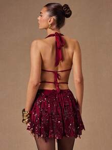 SHEIN BAE 纯绿色优雅串珠流苏刺绣露背系带迷你连衣裙，适合度假、优雅派对、万圣节、日夜外出、宴会、音乐节、圣诞节等场合。 - 綠色 - 查看 3