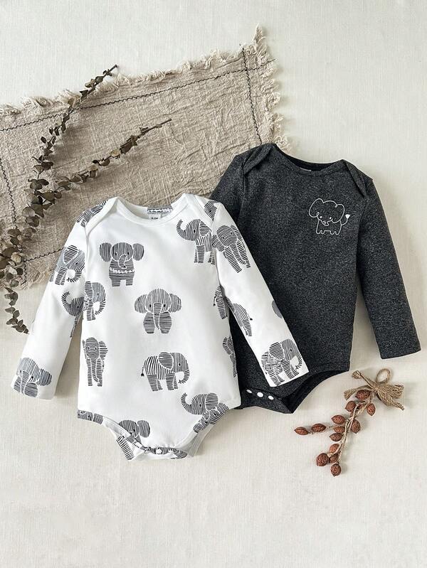 SHEIN 2 pièces Barboteuse décontractée mignonne pour bébé garçon avec imprimé éléphant, manches longues, confortable et polyvalente pour le port en automne/hiver