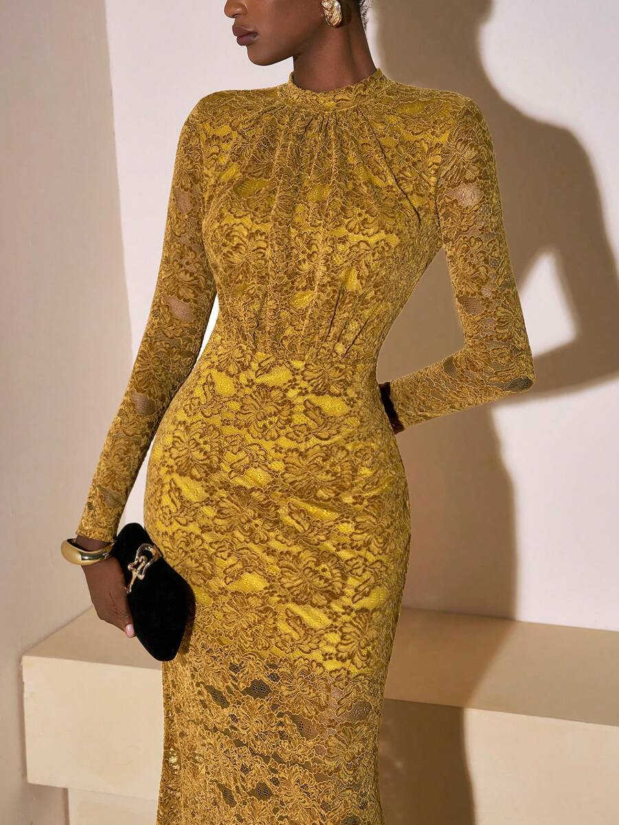 Zivah 新款秋冬优雅派对礼服，奢华高贵日常约会、生日派对、性感高端派对、夜店风、婚礼季宾客礼服、音乐节狂欢季婚礼宾客正式礼服、新娘礼服，小立领，褶裥长袖A字裙，修身长裙，军绿色蕾丝花朵面料，女士超长连衣裙 -A - 軍綠色 - 查看 1