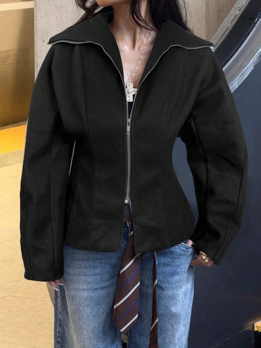 Muchica 女士时尚弧袖常规款外套，秋冬款 - 黑色 - 查看 1