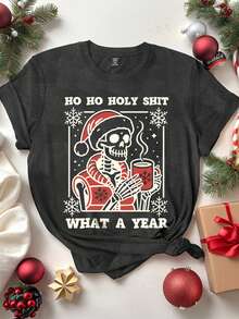 SHEIN LUNE Christmas Skeleton & Snowflake Graphic, Slogan Print Round Neck Short Sleeve Fashionable Women T-Shirt - Dark Grey - View 3